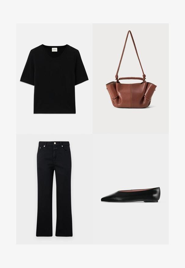 Top de punto negro de manga corta con cuello redondo. Presenta una textura suave y acentos de canalé a lo largo del cuello y las mangas.; Jeans negros con un diseño de pierna recta, estilo de cinco bolsillos, herrajes de metal y una textura de denim suave. Minimalistas y de color uniforme.; Zapato plano negro de cuero para mujer con punta puntiaguda y tacón bajo, mostrado de lado sobre un fondo liso gris claro.; Bolso de mano de cuero marrón con un asa trenzada y una correa para el hombro ajustable. Presenta lados suavemente plegados y acentos de costura visibles.