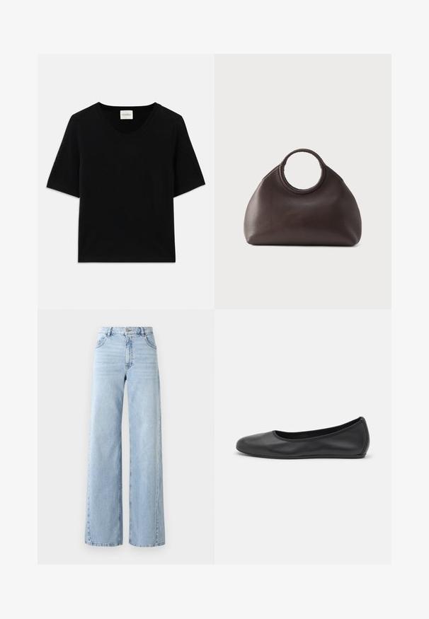 Haut tricot à manches courtes noir avec un col rond. Présente une texture lisse et des accents côtes le long du col et des manches.; Jean en denim léger bleu clair à jambes larges avec taille haute, cinq poches et texture décolorée. Présente des détails cousus et une coupe droite à l'ourlet.; Ballerines en cuir noir avec un bout rond, texture lisse, détails de couture minimalistes et design de semelle flexible.; Sac à main en cuir marron foncé avec des poignées tressées rondes et une forme douce et arrondie sur un fond clair uni.
