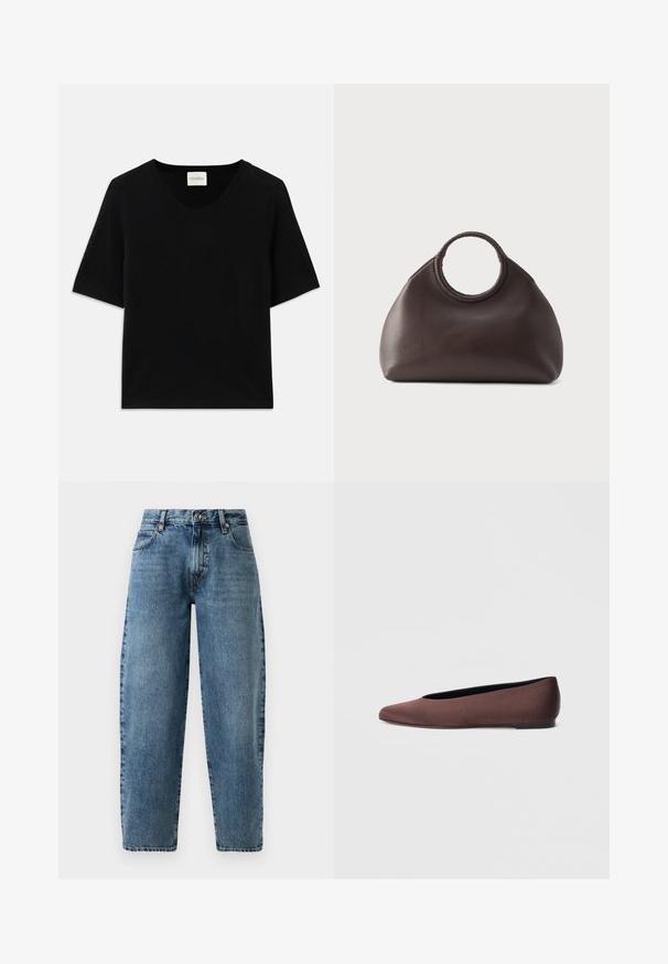 Haut tricot à manches courtes noir avec un col rond. Présente une texture lisse et des accents côtes le long du col et des manches.; Jean en denim bleu clair avec une coupe droite, taille haute et des coutures minimalistes. Style classique à cinq poches avec quincaillerie en métal.; Ballerines en tissu marron avec un bout pointu et une texture lisse, dotées d'un talon bas et d'une fine semelle noire. Aucune motif ni élément métallique visible.; Sac à main en cuir marron foncé avec des poignées tressées rondes et une forme douce et arrondie sur un fond clair uni.