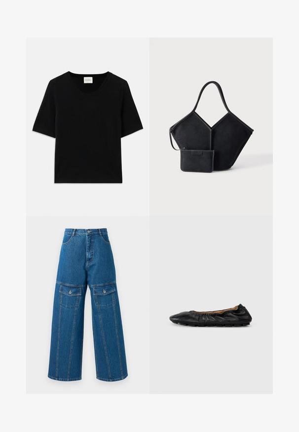 Zwarte gebreide top met korte mouwen en een ronde halslijn. Heeft een soepele textuur en ribbelaccenten langs de halslijn en mouwen.; Lichte blauwe denim broek met wijd uitlopende pijpen, hoge taille, zichtbare stiksels en twee met knopen sluitende flapzakken aan elke kant.; Zwarte leren balletschoenen met geplooid detail bij de kraag, ronde neus en flexibele rubberen zool. Gladde textuur overal.; Zwarte geometrische draagtas met een brede enkele handgreep en een bijpassend klein zipvakje bevestigd, tegen een effen lichte achtergrond.