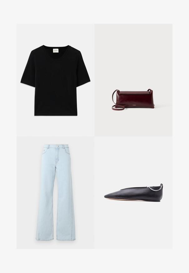 Zwarte gebreide top met korte mouwen en een ronde halslijn. Heeft een soepele textuur en ribbelaccenten langs de halslijn en mouwen.; Lichtblauwe denim wijd-uitlopende jeans hebben een hoge taille, kontzakken en zichtbare stikdetails op de naden en zoom.; Zwarte leren platte schoen met een puntige neus, een lage hak en een zilveren kettingdetail aan de achterkant, tegen een effen achtergrond.; Bordeaux lederen schoudertas met een gladde textuur, rechthoekige vorm, klep sluiting en een dunne verstelbare schouderband. Gouden logo detail zichtbaar.