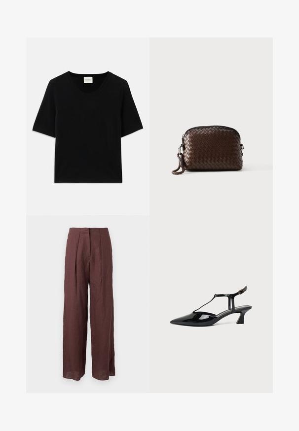 Haut tricot à manches courtes noir avec un col rond. Présente une texture lisse et des accents côtes le long du col et des manches.; Pantalon large taille haute marron foncé avec plis sur le devant et taille structurée, fabriqué en tissu léger.; Chaussure slingback en cuir verni noir à bout pointu avec bride en T et petit talon bloc incliné sur fond blanc.; Pochette-bracelet en cuir tressé marron foncé avec fermeture éclair et une lanière tressée attachée d'un côté.