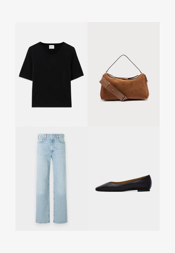 Sort kortærmet strikket top med rund halsudskæring. Har en glat tekstur og ribbede detaljer langs halsudskæringen og ærmerne.; Lyseblå denim jeans med lige ben, der har knaplukning, fem lommer og diskret falmning på stoffet.; Sort læder flad sko med spids tå, lav hæl og glat finish, vist fra siden på en lysegrå baggrund.; Brun skuldertaske i ruskind med en bred, justerbar læderrem og et tyndt håndtag, sat mod en ensartet lys baggrund.