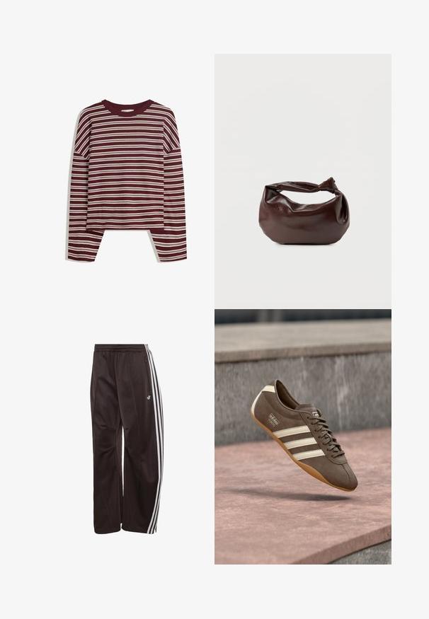Bordeaux lange mouw top met witte horizontale strepen. Is voorzien van een ronde halslijn en zijsplitsen aan de zoom voor een comfortabele pasvorm.; Zwarte Adidas trainingsbroek met witte drie strepen langs de zijkanten, elastische tailleband, zijzak met rits en Adidas-logo op het linkerbeen.; Bruine suède sneaker met witte strepen en merklogo's, voorzien van een ronde neus en een zool van tandgumrubber, zwevend boven een getextureerd oppervlak.; Donkerbruine leren schoudertas met een zachte, slungelige vorm en een gedraaide knoopvormige handgreep op een effen witte achtergrond.