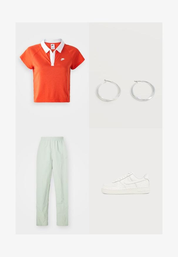 Polo shirt orange avec un col blanc, à manches courtes, et le logo Nike en blanc sur la poitrine gauche. Fabriqué en un mélange de coton doux.; Pantalons légers de couleur vert clair, avec une taille élastique. Design à jambes droites, dotés d'une texture minimale et d'un détail de logo subtil.; Baskets basses blanches avec lacets et motifs floraux en relief subtil sur la tige, présentées sur un fond uni.; Boucles d’oreilles créoles en métal argenté avec une surface lisse légèrement incurvée et des fermoirs à clapet sur un fond blanc uni.