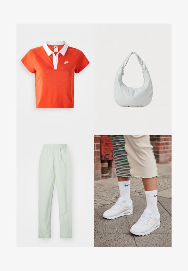 Oranje poloshirt met een witte kraag, korte mouwen en wit Nike-logo op de linkerborst. Gemaakt van een zachte katoenen mix.; Lichtgroene, lichte broek met een elastische tailleband. Recht gesneden ontwerp, met minimale textuur en een subtiele logodetail.; Witte Nike Air Max 90 sneakers met een bovenwerk van mesh en leer, voorzien van een zichtbare luchtunit, gecombineerd met witte geribbelde sokken met een zwart logo.; Zachte, lichtgrijze hobo tas van synthetisch materiaal. Heeft een enkele gevoerde handgreep en een ritsvak aan de zijkant.