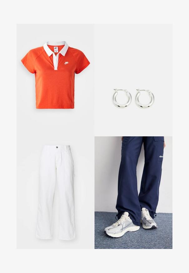 Oranžová polo košeľa s bielym golierom, krátkym rukávom a bielym logom Nike na ľavej hrudi. Vyrobená z mäkkej bavlnenej zmesi.; Biele bavlnené nohavice so strihom rovného nohavého, s gombíkovým zapínaním, bočnými vreckami a voľným strihom. Hladká textúra.; Športové topánky Nike s strieborným sieťovaným zvrškom, bielymi detailmi a textúrovanými podrážkami, skombinované s voľnými námorníckymi nohavicami.; Strieborné kruhové náušnice s lešteným povrchom, ktoré majú kruhový tvar a závesné zapínanie. Hladký povrch s minimálnymi detailmi.