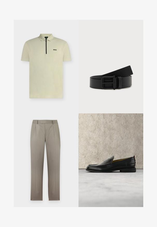 Polo beige clair à manches courtes avec patte zippée et logo noir "BOSS" sur la poitrine gauche.; Pantalon sur mesure marron clair avec passants de ceinture, plis avant et jambes droites, présenté sur fond blanc.; Mocassin pour homme en cuir noir avec un dessus embossé effet croco et un petit talon, présenté de profil sur un fond neutre.; Ceinture en cuir noir enroulée avec une boucle en métal noir mat sur fond blanc.