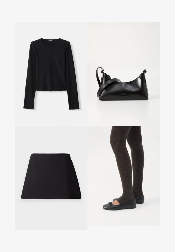 Haut noir à manches longues côtelé avec un col rond et un design court, présentant des bords bruts et une couture centrale à l'avant. Fabriqué à partir d'un matériau extensible.; Tissu noir en forme de trapèze, avec une texture lisse, un design sans couture et sans matériel visible. Forme simpliste adaptée à de multiples utilisations.; Jambes portant des leggings côtelés foncés associés à des ballerines noires avec de petits détails en nœud sur fond blanc.; Sac à main en cuir noir avec une texture lisse. Dispose d'une bandoulière adjustable et d'un design élégant et minimaliste avec une fermeture éclair.