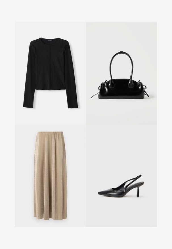 Haut noir à manches longues côtelé avec un col rond et un design court, présentant des bords bruts et une couture centrale à l'avant. Fabriqué à partir d'un matériau extensible.; Jupe midi plissée beige avec une taille élastique, dotée de rayures verticales et d'une silhouette fluide pour un confort de mouvement.; Chaussure à talon haut en cuir noir, à bride arrière, avec un bout pointu et un talon fin sur fond blanc.; Petit sac à main noir brillant avec deux longues anses et des détails à cordon sur les côtés sur un fond clair uni.