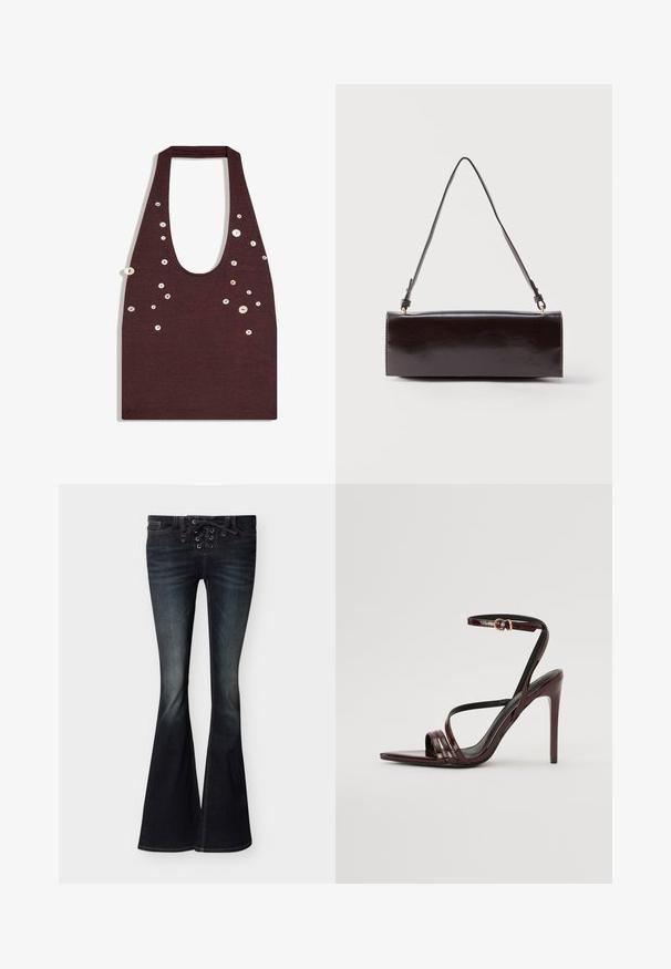 Haut sans manches marron foncé avec un décolleté en U profond, décoré de petits boutons blancs éparpillés sur les côtés avant.; Jean flare en denim foncé avec un détail à lacets à l'avant et un léger effet de décoloration sur les cuisses et les genoux, présenté à plat.; Sandale à talons hauts en cuir verni bourgogne avec une bride de cheville, bout pointu et trois bandes horizontales sur le pied. Détail de boucle dorée.; Sac à main rectangulaire en cuir noir avec une longue bandoulière unique et une finition brillante, présenté sur un fond blanc uni.