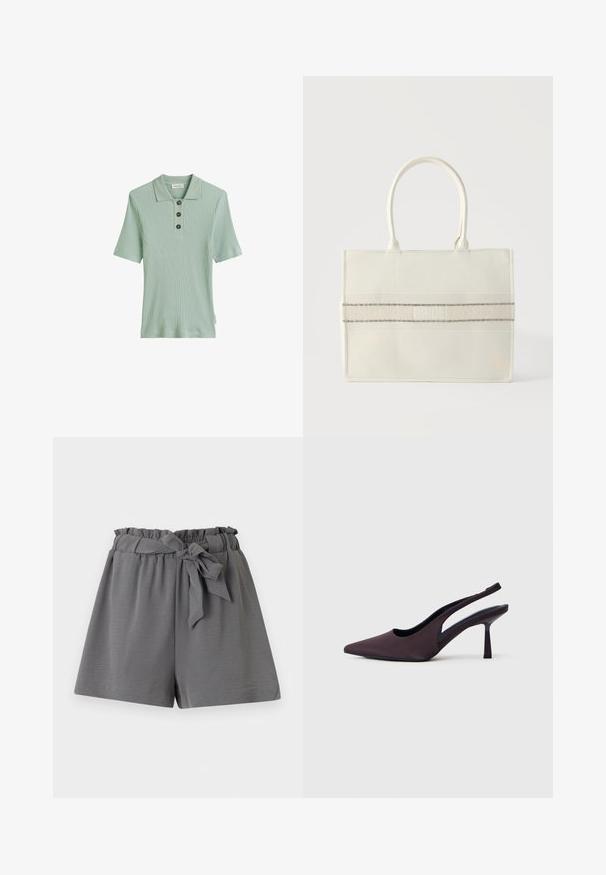 Lys grøn ribbet polo shirt med korte ærmer, tre mørke knapper og et klassisk kravedesign. Fremstillet af blødt, tekstureret stof.; Grå højtaljede shorts med en flæset talje og et stofbælte bundet i en sløjfe foran.; Slingback sko med hæl i mørk lilla stof. Spids tå-design, åbne sider og en slank, firkantet hæl. Glat tekstur.; Flødefarvet rektangulær shopper med to håndtag og et glitrende vandret bånd prydet med perler og krystaller på forsiden.