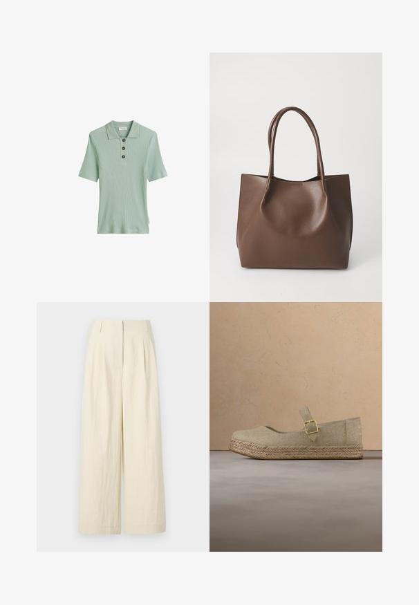 Polo de manga corta en verde claro con rayas, tres botones oscuros y un diseño de cuello clásico. Fabricado en una tela suave y texturizada.; Pantalones de pierna ancha color crema hechos de una tela texturada. Presentan pliegues delanteros y una cintura alta, ofreciendo un ajuste holgado en toda su extensión.; Zapato Mary Jane de lona beige con suela trenzada y hebilla dorada, flotando sobre una alfombra beige texturizada en una habitación de tonos neutros.; Bolso tote de cuero marrón con dos asas largas, forma estructurada, textura suave y diseño minimalista. Sin herrajes o acentos visibles.