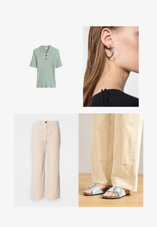 Lichtgroen geribbelde polo-shirt met korte mouwen, drie donkere knopen en een klassiek kraagontwerp. Gemaakt van zachte, textuurstof.; Beige corduroy broek met rechte benen, voorkant met knoopsluiting en zijzakken, zichtbaar op een witte achtergrond.; Lichtblauwe schuursandalen met een brede band en een zilveren gesp, met een getextureerde kurken voetbed en een zwarte rubberen zool.; Zilveren oorbel met een gepolijste afwerking, met kleine gouden accentdetails en een ronde vorm, gedragen op de oorlel.