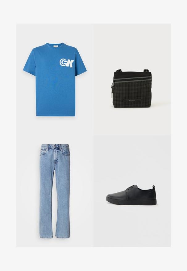 Blaues Baumwoll-T-Shirt mit kurzen Ärmeln und Rundhalsausschnitt, mit weißem "CK"-Logo auf der linken Brust. Glatte Textur, reguläre Passform.; Hellblaue Jeans aus Denim mit geradem Bein, fünf Taschen und Knopfverschluss. Nähte in der Nähe der Taschen und des Bundes.; Schwarze Leder-Sneaker mit glatter Oberfläche, abgerundeter Zehenpartie, gleichfarbiger Nähte, schnürbarem Vorderteil und flacher Gummisohle. Schlaufe an der Ferse.; Schwarze und graue Calvin Klein Umhängetasche mit Karomuster, Frontreißverschlusstasche und verstellbarem Riemen vor weißem Hintergrund.