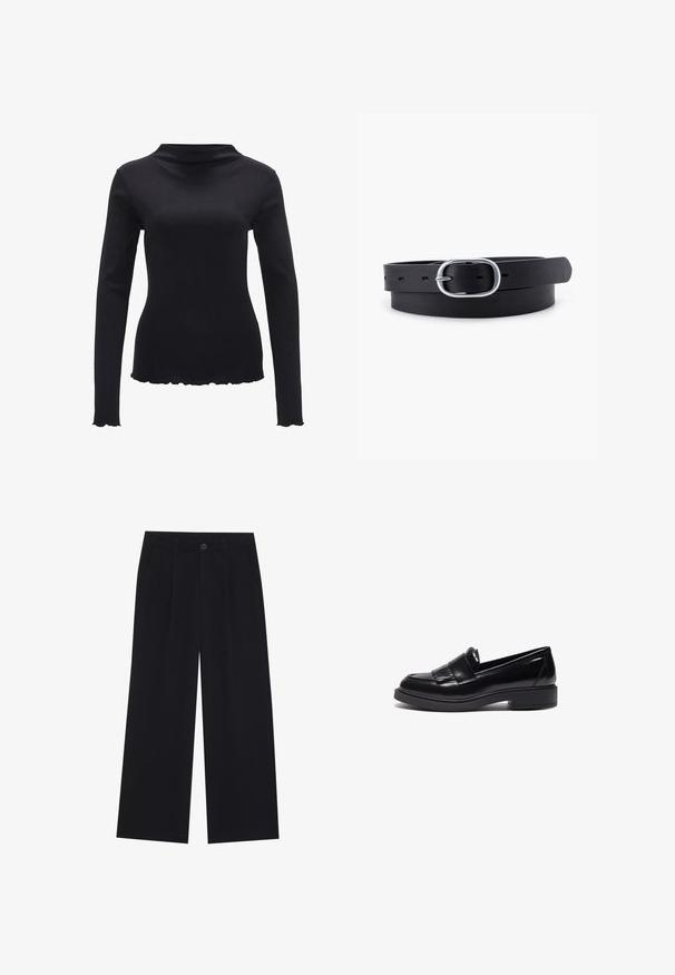Zwarte lange mouwen top van gladde stof, met een mock neck ontwerp en een gegolfde zoom. Geen zichtbare patronen of hardwareaccenten.; Zwart brede broek van een gladde stof. Heeft plooien aan de voorkant, een knoopsluiting en zijzakken. Eenvoudig ontwerp zonder patronen.; Zwarte leren loafers met een sleek design, voorzien van een ronde neus, decoratieve franjes en een lage, getextureerde rubberen zool.; Zwarte leren riem met een gladde textuur, ovaal zilveren metalen gespsluiting en meerdere verstelgaten langs de band. Platte, minimalistische uitstraling.