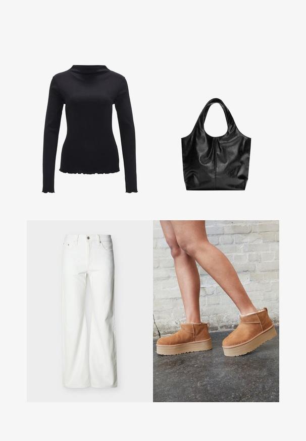 Zwarte lange mouwen top van gladde stof, met een mock neck ontwerp en een gegolfde zoom. Geen zichtbare patronen of hardwareaccenten.; Witte jeans met rechte pijpen en hoge taille, voorzien van een knoopsluiting aan de voorkant, rits, en zij- en achterzakken, tegen een effen lichte achtergrond.; Bruine suède enkelboots met een zachte voering, dikke beige plateauzool en een achterste lus. Getextureerde oppervlakte met zichtbare stiksels.; Zwarte leren tote bag met een gladde textuur, een zachte ronde bovenkant en brede handvatten. Kenmerkt zich door minimale stiksels en een slungelige silhouet.