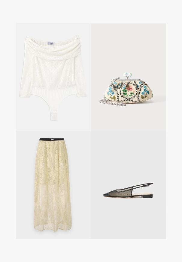 Witte kanten bodysuit met een off-shoulder halslijn, driekwartmouwen en een glad onderpaneel. Beschikt over ingewikkelde bloempatronen.; Beige transparante rok tot op de grond met een metallic bloemenpatroon en een zwarte elastische tailleband met het label "MUNTHE".; Zwarte en gouden slingbackschoen met een puntige neus, netdesign en een platte zool. Voorzien van een dunne enkelband met een ronde gespaccent.; Kleine stoffen beugeltas met bloemenkraalborduursel, metalen frame en zilveren kettingband op een effen lichte achtergrond.