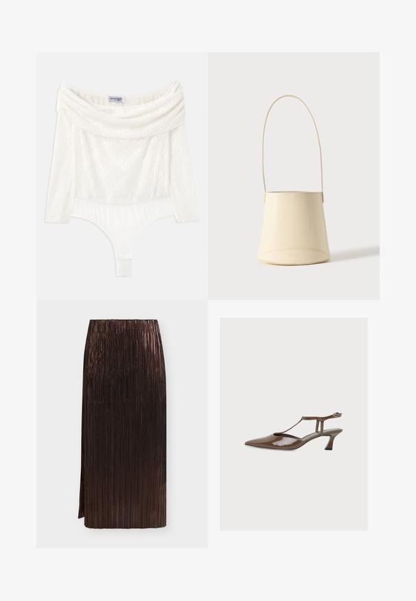 Body blanco de encaje con escote off-shoulder, mangas tres cuartos y un panel inferior suave. Presenta intrincados patrones florales.; Falda midi plisada metálica de color marrón oscuro con cintura alta y abertura lateral sobre un fondo liso claro.; Zapato de salón marrón de charol con talón descubierto, punta puntiaguda, tira en T, tacón pequeño curvado y hebilla en el tobillo sobre fondo liso.; Bolso tipo bucket de cuero liso color crema con asa larga y nombre de la marca sutilmente grabado en relieve sobre fondo liso.