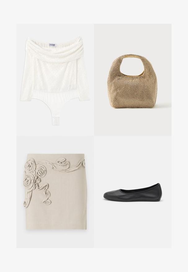 Bodysuit en dentelle blanche avec un col dénudé, des manches trois-quarts et un panneau inférieur lisse. Présente des motifs floraux intricats.; Jupe en lin beige présentant des appliqués en rosettes de tissu texturé et des détails de ruban enroulé pour un effet dimensionnel. Finition lisse.; Ballerines en cuir noir avec un bout rond, texture lisse, détails de couture minimalistes et design de semelle flexible.; Petit sac à main doré recouvert de clous ronds brillants avec une poignée courte et une découpe rectangulaire en haut.