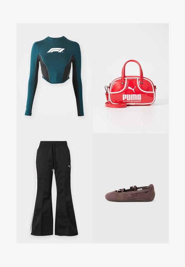 Teal lange mouwen crop top met zwarte zijpanelen. Heeft een wit logo op de borst en contrasterende stiksels. Gemaakt van rekbaar materiaal.; Zwarte uitlopende trainingsbroek met witte strepen aan de zijkant, een taille met trekkoord en het Puma-logo op de linkerdij, tegen een lichte achtergrond.; Bruine suède ballerinaschoen met elastische bandjes en een gestructureerde zool, zijwaarts weergegeven op een effen lichte achtergrond.; Rode leren mini-handtas met witte accenten, ronde vorm, dubbele handvatten, afneembare schouderriem en prominent PUMA-logo.