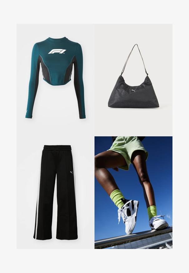 Teal lange mouwen crop top met zwarte zijpanelen. Heeft een wit logo op de borst en contrasterende stiksels. Gemaakt van rekbaar materiaal.; Zwarte wijde broek met een elastische tailleband, verticale witte strepen, zijzakken met rits en een klein logo op de bovenbeen.; Witte en zwarte sport sneakers met gestructureerde zolen, gecombineerd met felgroene geribbelde sokken. De achtergrond toont een heldere blauwe lucht.; Zwarte driehoekige schoudertas met dunne band, subtiel monogrampatroon en klein zilverkleurig Puma-logo in het midden.