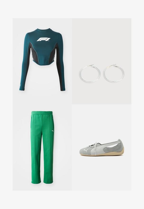 Teal lange mouwen crop top met zwarte zijpanelen. Heeft een wit logo op de borst en contrasterende stiksels. Gemaakt van rekbaar materiaal.; Groene sportbroek met een gestructureerde afwerking, elastische tailleband, zijzakken en witte zijstrepen. Merklogo zichtbaar aan de voorkant.; Lichtgrijze Puma suède platte schoen met wit logo, veters aan de voorkant, uitgesneden zijkanten en beige gestructureerde zool, gezien vanaf de buitenkant.; Een paar glanzende zilveren oorringen met dunne draadafsluitingen, getoond op een lichtgrijze achtergrond.