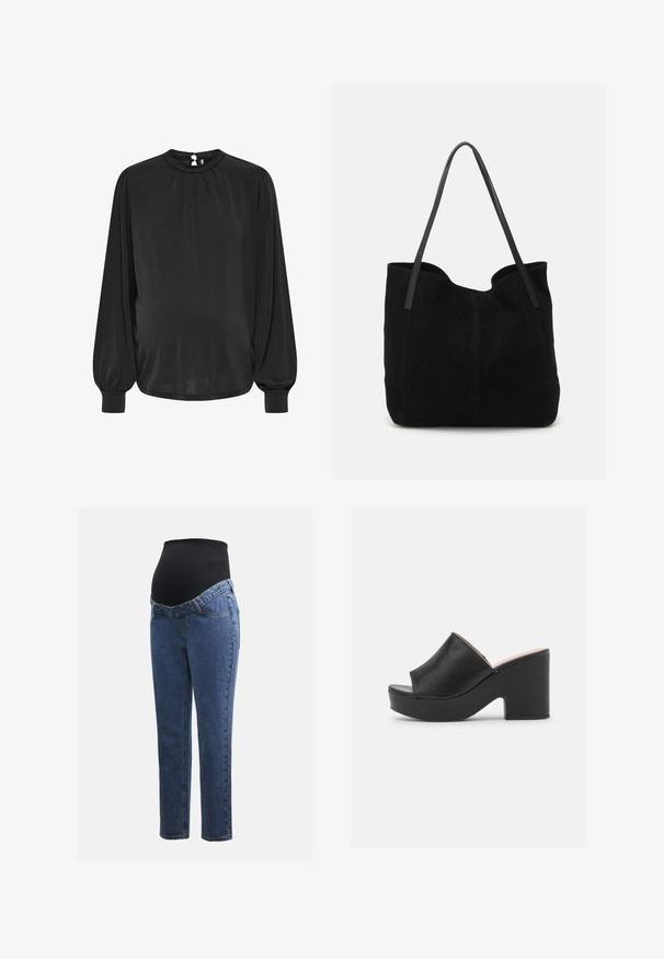Blouse noire à manches longues avec un col montant, un devant plissé et des poignets élastiques, dotée d'une fermeture en trou de serrure à l'arrière. Tissu lisse.; Jeans de maternité avec des jambes en denim bleu et un panneau abdominal noir extensible conçu pour soutenir et couvrir un ventre qui s'arrondit.; Des mules ouvertes en cuir noir présentent une large lanière avant et un talon en plateforme épais et haut avec une texture lisse. Vue de côté présentée.; Sac fourre-tout en suède noir avec deux longues anses en cuir plates. Présente un bord supérieur incurvé et des coutures visibles sur le devant. Pas d'accents en métal.