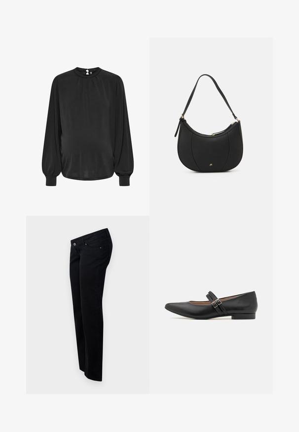 Blusa negra de manga larga con un cuello alto, frente plisado y puños elásticos, que cuenta con un cierre de ojal en la parte posterior. Tejido suave.; Vaqueros de mezclilla negra con corte recto, con cierre de botón en la parte delantera, trabillas para cinturón y cinco bolsillos. Textura suave y mate.; Zapato negro de cuero estilo Mary Jane con punta afilada, dos hebillas de correa, tacón bajo y textura suave. Diseñado para una apariencia formal.; Bolso de mano de cuero negro con forma curva, superficie texturizada, costuras frontales y un logo en tono dorado. Cuenta con una sola correa ajustable.