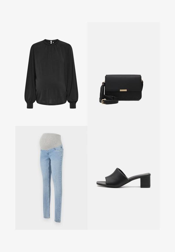 Blusa negra de manga larga con un cuello alto, frente plisado y puños elásticos, que cuenta con un cierre de ojal en la parte posterior. Tejido suave.; Jeans de maternidad en denim azul claro con una suave cinturilla elástica gris. Presenta un ajuste slim y un diseño clásico de cinco bolsillos.; Mulas de tacón cuadrado de cuero negro con punta abierta, que presentan una superficie lisa y una parte superior ligeramente curvada para mayor comodidad y estilo.; Bolso cruzado de cuero negro con cierre de solapa, acentos en dorado, correa ajustable y superficie texturizada. Forma rectangular compacta.
