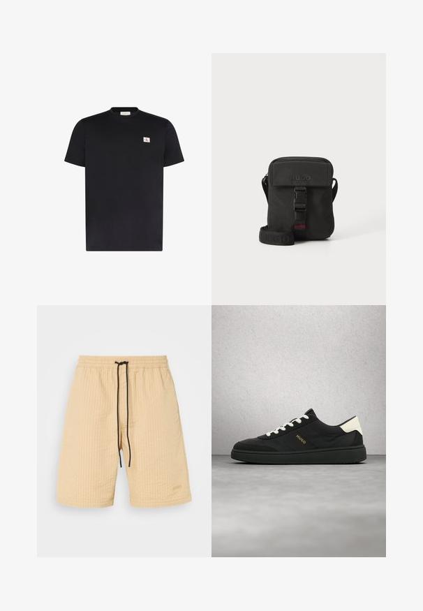 Zwart T-shirt met korte mouwen en ronde hals met een kleine witte rechthoekige logopatch met rode en zwarte CK-letters op de linkerborst.; Beige shorts van een gemêleerde stof, met een elastische tailleband en een zwarte trekkoord. Voorzien van een subtiele logoaccent. Recht gesneden ontwerp.; Zwarte sneaker met witte veters en hielstuk, "HUGO"-logo aan de zijkant, zwevend in de lucht tegen een grijze vloer en een achtergrond van glazen blokken.; Zwarte schoudertas van duurzaam stof. Voorzien van een klep sluiting, een verstelbare schouderband met een geperst logo en een detail met gespsluiting aan de voorkant.