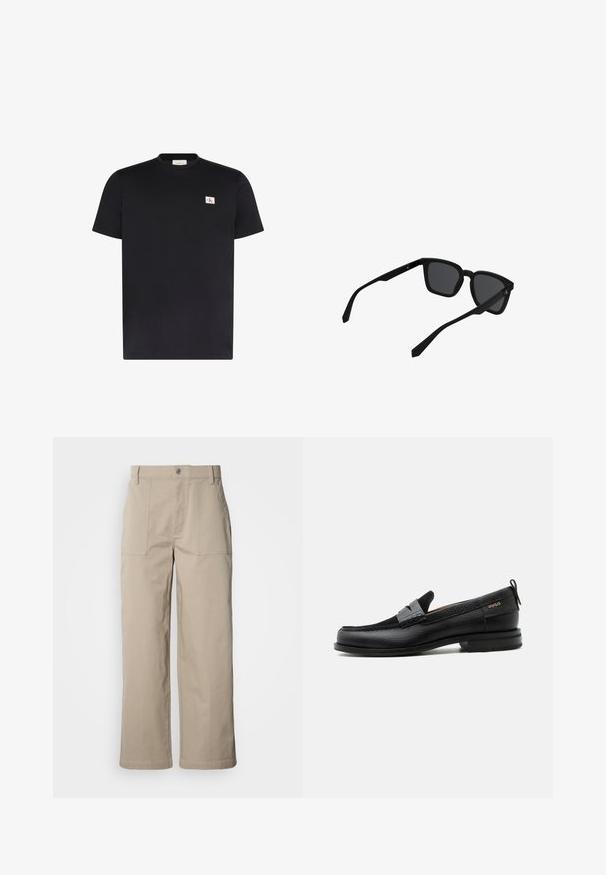 Camiseta negra de manga corta con cuello redondo y pequeño parche de logo rectangular blanco con letras CK en rojo y negro en el pecho izquierdo.; Pantalones beige de pierna ancha hechos de algodón; cuentan con bolsillos frontales de parche, cierre con botón y costuras visibles a lo largo de los dobladillos.; Mocasín de cuero negro con detalle de tira gris, tacón bajo y suela texturizada, con la marca "HUGO" en oro en el lateral.; Gafas de sol rectangulares negras con montura gruesa y lentes oscuras mostradas ligeramente inclinadas sobre un fondo blanco.