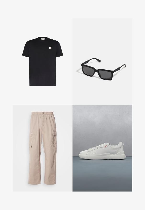 Zwart T-shirt met korte mouwen en ronde hals met een kleine witte rechthoekige logopatch met rode en zwarte CK-letters op de linkerborst.; Beige cargo broek met een relaxed fit, elastische tailleband, knoopsluiting en zijzakken. Gemaakt van lichte stof met een soepele textuur.; Witte sneaker met een gladde leren afwerking, ronde neus, vier veterogen, subtiele perforaties en een rood logo detail aan de zijkant.; Zwarte zonnebril met rechthoekige lenzen, matte afwerking, dikke montuur en slanke veren met subtiele merkaanduiding.