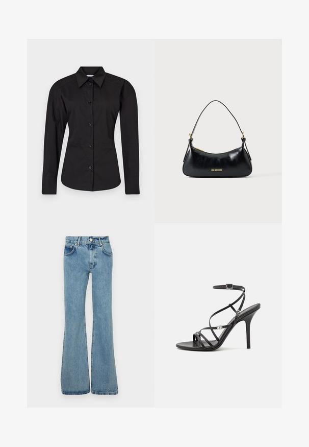 Camisa negra de botón hecha de algodón. Presenta mangas largas, un cuello clásico y una forma ajustada con una textura suave.; Jeans acampanados de color azul claro, hechos de denim, con una cintura alta, bolsillos frontales y dobladillos deshilachados para un ajuste relajado.; Sándalo negro de tacón alto con tiras finas, hebilla en el tobillo, superficie de cuero suave y tacón de aguja esbelto.; Bolso de cuero negro para el hombro con cremallera dorada y logotipo "LOVE MOSCHINO" en el frente, con un asa superior curvada.