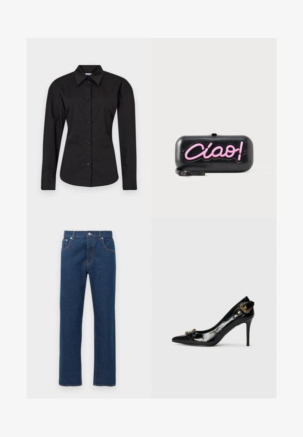 Must musta särk, mis on valmistatud puuvillast. Omab pikki varrukaid, klassikalist kraed ning sobivat lõiget, millel on sile tekstuur.; Sirged püksid tumedast sinisest denimist, millel on ees ja taga taskud, vöökohad, nööbi sulgemine ning nähtav oranž õmblus.; Musta lakknahast kõrge kontsaga king, terava varbaga, ees kaunistusena paelte tegemine ja taga dekoratiivne kuldtoonist detail.; Must ristküliku kujuga kott roosa neoonstiilis kirjaga "Ciao!" ja väikese musta randmerihmaga valgel taustal.