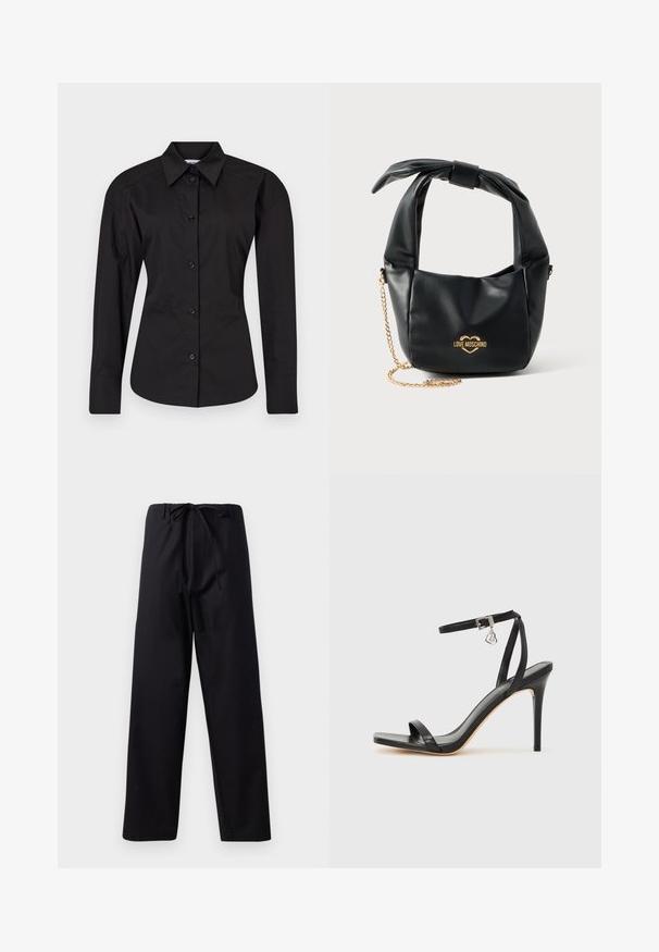 Camisa negra de botón hecha de algodón. Presenta mangas largas, un cuello clásico y una forma ajustada con una textura suave.; Pantalones negros de peso medio con cintura ajustable, diseño de pierna recta y sin patrones o acentos visibles. Textura suave.; Sandalia de tacón alto negra con una estrecha correa en el tobillo, punta cuadrada, material de cuero liso y detalle de hebilla metálica.; Bolso Love Moschino de piel negra suave con asa anudada y correa de cadena dorada sobre fondo blanco.
