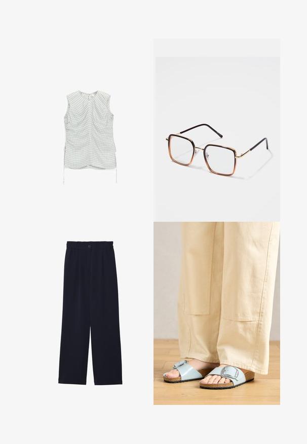 Blouse sans manches avec un motif vichy bleu pâle et jaune, coutures froncées sur les côtés avec des liens ajustables, et une petite fermeture d'encolure à ouverture en forme de clé.; Pantalons large bleu marine avec une texture lisse, taille élastique, pli avant unique et fermeture à bouton à la taille.; Sandales en plastique bleu clair avec une large lanière et une boucle en argent, dotées d'une semelle en liège texturée et d'une semelle extérieure en caoutchouc noir.; Lunettes carrées avec montures métalliques dorées et bords marron dégradés, avec des branches noires et des plaquettes nasales réglables.