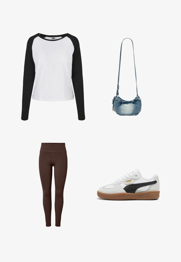 Witte lange mouw top met zwarte raglanmouwen. Zachte katoenen stof, ronde halslijn en een ontspannen pasvorm. Etiket luidt "Urban Classics."; Bruine leggings met een hoge tailleband, gemaakt van rekbaar materiaal, met een gladde textuur en zonder zichtbare patronen of hardware.; Witte leren sneakers met een zwarte suède streep, gumrubberen zool en gouden branding aan de zijkant. Vetersluiting met een afgeronde neus.; Denim crossbodytas met een geplooid ontwerp, lichtblauwe kleur, verstelbare riem en geborduurd "Desigual" logo aan de voorkant.