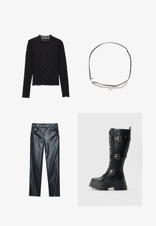 Haut noir à manches longues avec une texture côtelée transparente, doté un col montant froncé et une taille courte.; Pantalons en faux cuir noir avec une texture crocodile, dotés d'une fermeture à bouton sur le devant et de quatre poches. Design à jambe droite.; Botte de combat en cuir noir haute avec semelle à crampons épaisse, trois boucles ajustables et détail de laçage sur le devant, sur fond uni.; Ceinture chaîne argentée entrelacée de tissu noir avec une fermeture à boucle réglable sur fond blanc.
