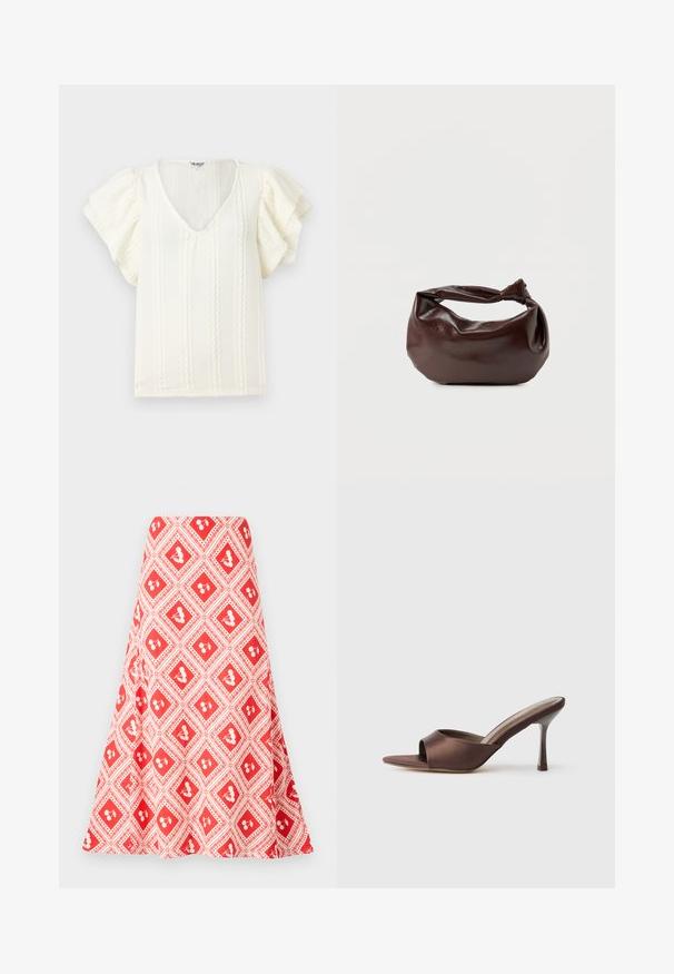 Blouse blanche avec des manches courtes à volants, décolleté en V et rayures verticales en relief. Tissu léger avec un subtil éclat doux.; Jupe à motifs rouge et blanc présentant un design en losange avec de petits motifs floraux et une coupe évasée, fabriquée à partir d'un tissu lisse.; Mule en satin marron à bout ouvert avec un talon fin de hauteur moyenne et une conception à enfiler sur fond blanc uni.; Sac bandoulière en cuir marron foncé avec une forme souple et décontractée et une anse nouée torsadée sur un fond blanc uni.