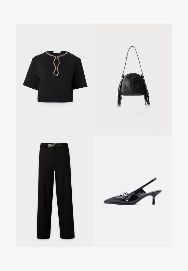 Haut noir court à manches courtes avec un col rond orné d'un motif de boucle en perles dorées au centre devant.; Pantalon noir taille haute à jambes larges avec une taille élastique et une fine ceinture noire avec une boucle dorée.; Chaussure à talon bas en cuir verni noir avec bride arrière, bout pointu et détail boucle argentée sur fond blanc uni.; Sac à main en cuir noir avec une forme courbée, une longue bandoulière réglable et des franges de chaque côté sur un fond clair.