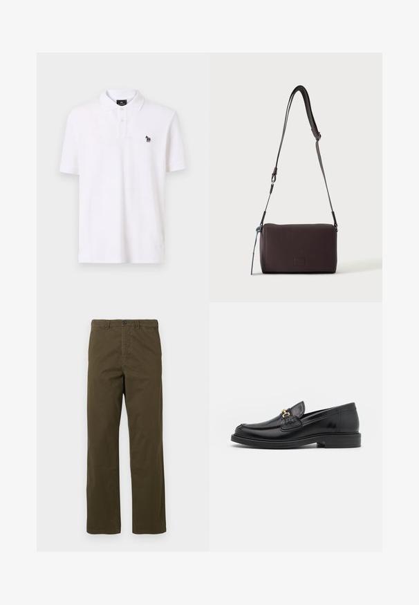Polo shirt blanc en coton, avec un col classique, une patte de boutonnage à deux boutons et un petit logo zèbre multicolore sur la poitrine.; Pantalons en coton marron pour hommes, coupe droite, avec passants de ceinture, bouton frontal et fermeture éclair sur fond clair.; Mocassins en cuir noir avec un embout rond, présentant des accents en métal doré et des détails de couture, montés sur une semelle en caoutchouc texturé et basse.; Sac bandoulière en cuir marron foncé texturé avec une sangle réglable et un petit accent décoratif bleu sur le côté.