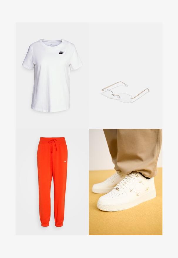 Camiseta de algodón blanca con cuello redondo y mangas cortas. Presenta un logotipo negro de Nike en la parte superior izquierda del pecho.; Nike Sportswear W PHNX FLC HR OS - Pantalones deportivos - picante red/sail; Zapatillas de piel blanca con puntera perforada, acentos dorados y cordones planos, combinadas con pantalones beige sobre una superficie amarilla texturizada.; Gafas de metal dorado con lentes ovalados, brazos delgados y almohadillas nasales transparentes. Presentan sutiles acentos en las bisagras y lentes transparentes.