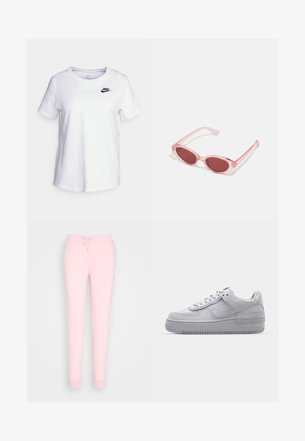 Camiseta de algodón blanca con cuello redondo y mangas cortas. Presenta un logotipo negro de Nike en la parte superior izquierda del pecho.; Pantalones de chándal rosa claro con cintura ajustable, piernas cónicas y un logotipo bordado en el muslo. Textura de tela suave y lisa.; Zapatilla Nike Air Force 1 gris con puntera perforada, parte superior de cuero suave, suela gruesa y detalle en relieve 'AIR' en el talón.; Gafas de sol transparentes rosas con lentes ovalados, tinte rojo oscuro y varillas delgadas, con un acabado suave y detalles sutiles en la montura.