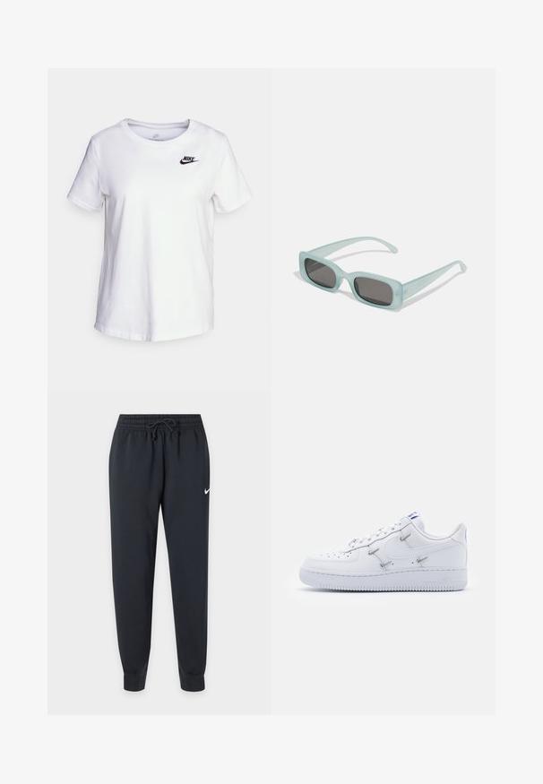 Camiseta de algodón blanca con cuello redondo y mangas cortas. Presenta un logotipo negro de Nike en la parte superior izquierda del pecho.; Pantalones de chándal negros Nike con cinturilla elástica y cordón, piernas ajustadas, tobillos con puños y pequeño logo blanco de Nike en el muslo derecho.; Nike Sportswear AIR FORCE 1 - Zapatillas - white/hyper royal/black; Un par de gafas de sol rectangulares con montura translucida azul clara y lentes gris oscuro, que cuentan con patillas rectas y detalles de hardware mínimos.