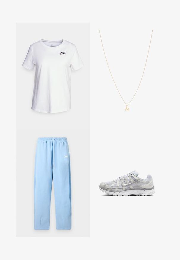 Weißes Baumwoll-T-Shirt mit Rundhalsausschnitt und kurzen Ärmeln. Mit einem schwarzen Nike-Logo auf der oberen linken Brustseite.; Hellblaue Jogginghose aus weichem Stoff, mit elastischem Bund und Kordelzug, schmal zulaufenden Beinen und Seitentaschen.; Helle graue Sportschuhe mit einem Obermaterial aus Mesh und Synthetik, ausgestattet mit Schnürverschluss, gepolsterter Zunge und strukturiertem Sohlen für besseren Grip.; Goldene Kettenhalskette mit einem Anhänger in Form des kleinen Buchstabens "m", mit einem feinen, zarten Kettendesign und polierter Oberfläche.