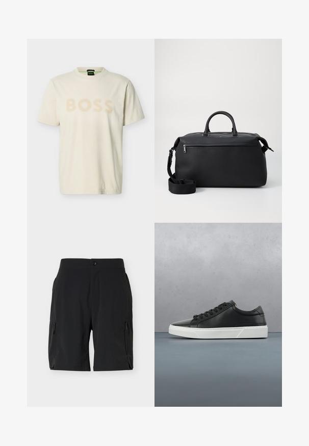 T-shirt en coton à manches courtes de couleur crème avec le logo texte "BOSS" en beige clair sur la poitrine et un col rond.; Shorts noirs mi-cuisses avec poches zippées latérales et fermeture par bouton à la taille, présentés sur un fond blanc uni.; Baskets en cuir noir avec un bout rond, surface texturée, semelle en caoutchouc blanc et lacets noirs. Design minimaliste avec un profil épuré.; Sac de voyage en cuir noir avec deux poignées supérieures, une bandoulière amovible et une poche avant zippée pour un espace de rangement supplémentaire.