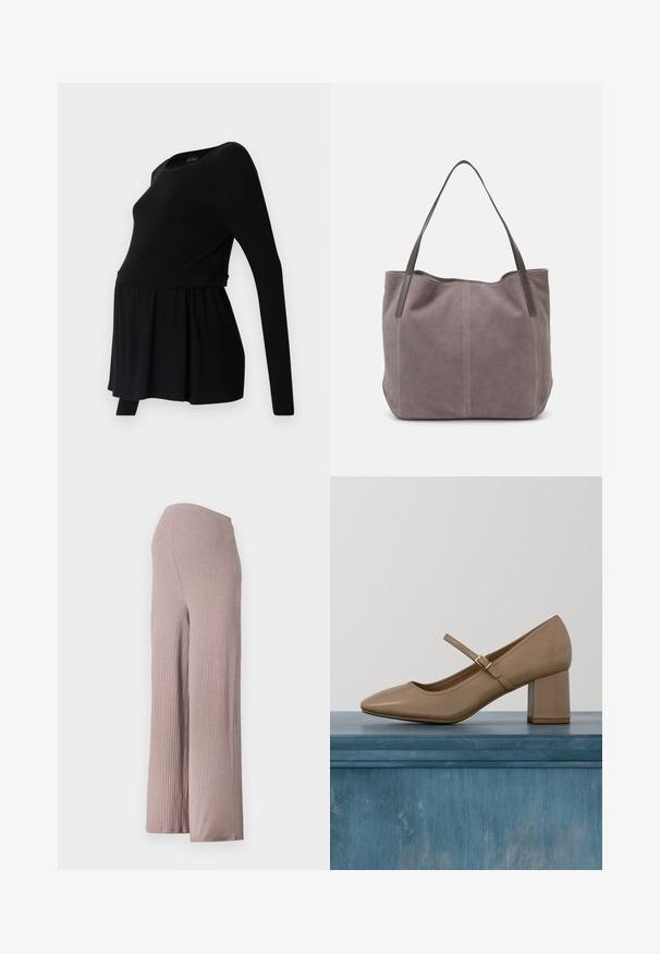 Schwarzes, langärmliges Stilloberteil mit rundem Halsausschnitt, lockerer Passform und gerafftem Taillenbereich, aus weichem, elastischem Material.; Helle rosa, gerippte, weit geschnittene Hosen mit glatter Textur und elastischem Bund, die eine ausgestellte Silhouette und einen weichen Fall aufweisen.; Beiger Lederschuh mit Blockabsatz, abgerundeter Spitze und dekorativem Riemen mit goldener Schnalle. Glatte Textur, minimalistisches Design.; Graue Wildleder-Tasche mit zwei dunklen Ledergriffen. Verfügt über gestickte Details an den Seiten, eine weiche Textur und eine geräumige Öffnung.