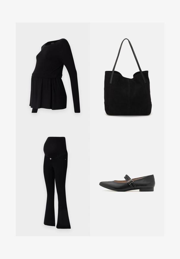 Čierne tehotenské tričko s dlhými rukávmi, zaobleným výstrihom, voľným strihom a zberaným pásom, vyrobené z mäkkého, elastického materiálu.; Čierne tehotenské džínsy s širokými nohavicami, mäkkou tkaninou, vysokým pásom pre oporu a predným zapínaním na gombík.; Čierna kožená topánka v štýle Mary Jane s špicatou špičkou, dvoma strapcami s prackami, nízkym podpätkom a hladkým povrchom. Navrhnutá pre formálny vzhľad.; Čierna semišová taška cez rameno s dvomi dlhými, plochými koženými popruhmi. Obsahuje zakrivený horný okraj a viditeľné stehy po prednej strane. Bez kovových akcentov.