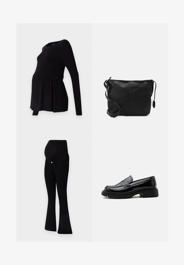 Blusa de maternidad negra de manga larga con escote redondeado, corte suelto y cintura fruncida, hecha de una tela suave y elástica.; Jeans de maternidad negros con un diseño de pierna acampanada, tejido suave, una cintura alta para soporte y un cierre de botón en la parte frontal.; Mocasín de cuero negro brillante con suela gruesa de tacos y tira tipo "penny", mostrado de perfil sobre un fondo blanco liso.; Bolso cruzado de cuero negro con forma plana, acentos de hardware dorado y correa ajustable. Textura suave con detalles de costura mínimos.